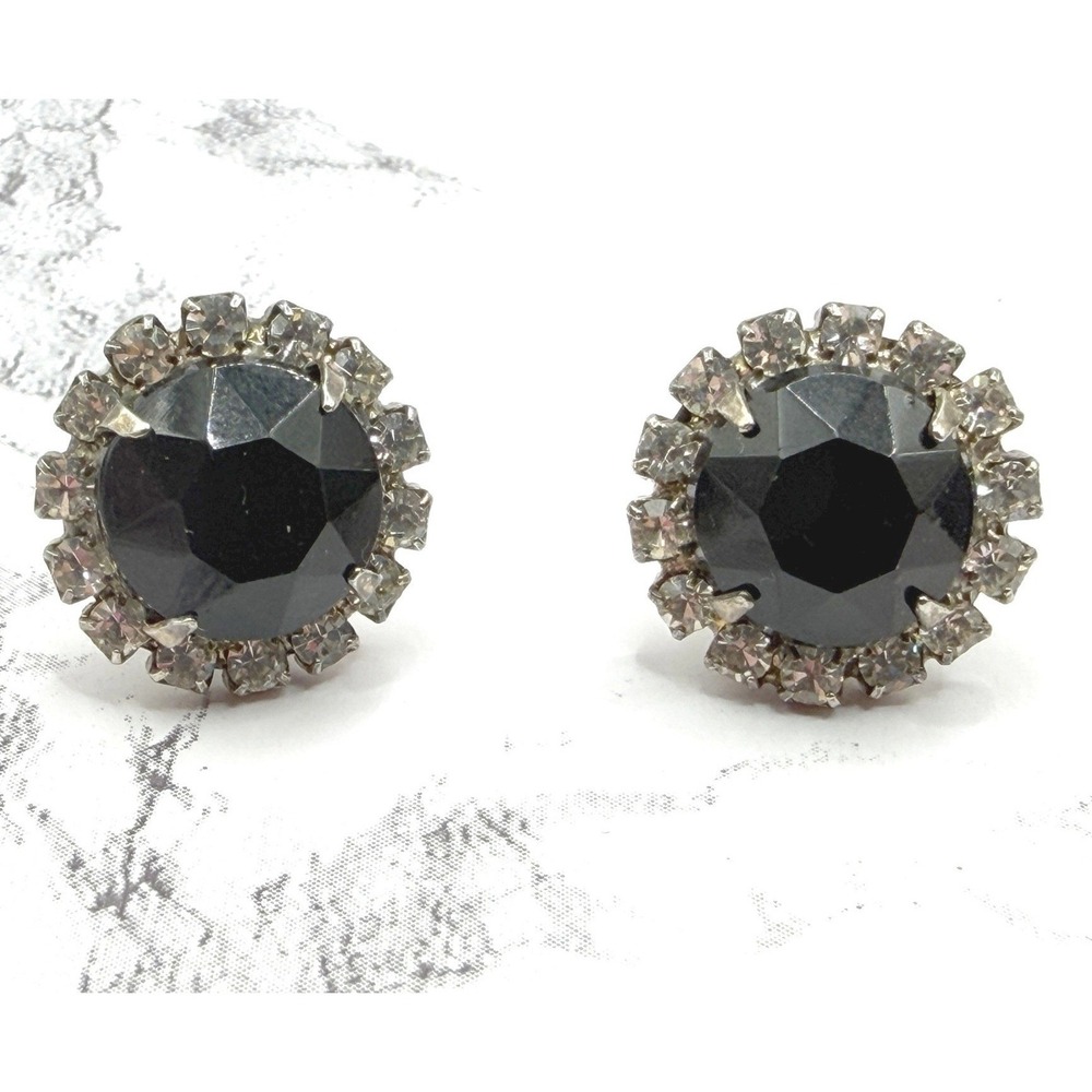 Black Glass Rhinestone Halo Stud Earrings Silver Tone‎ 3/4"